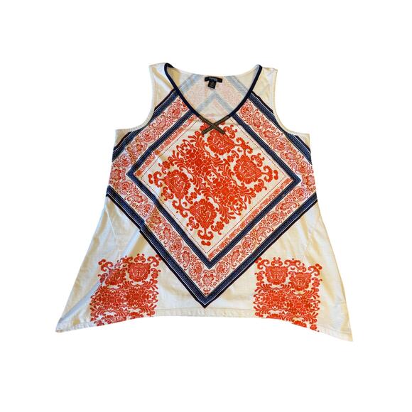 Style & Co 2X Handkerchief Hem Tank Top Ivory Orange Navy Sleeveless Boho - Picture 1 of 5